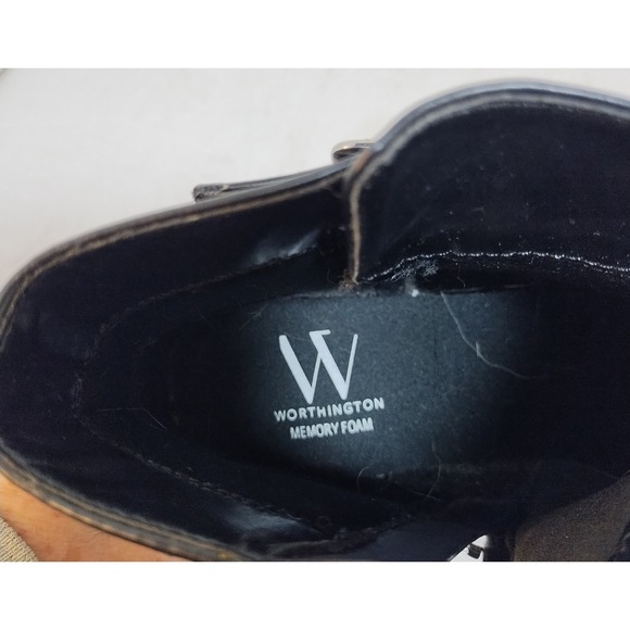 Worthington Wor Reddle SZ 7 Black Faux Leather Ankle Boots Buckle Strap Side Zip - Picture 8 of 10